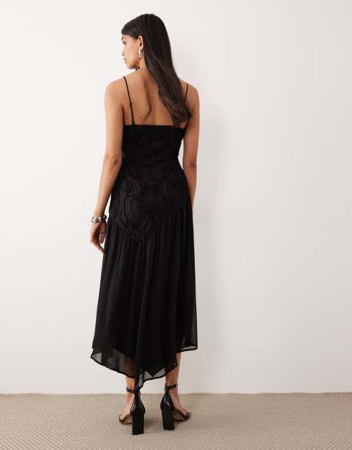AWARE - Sort midikjole i chiffon med tekstureret overdel, 4 af 4
