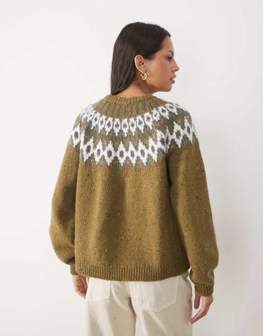 AWARE stickad tröja med rund halsringning och fairisle-mönster i olivgrön melerad, 3 av 4