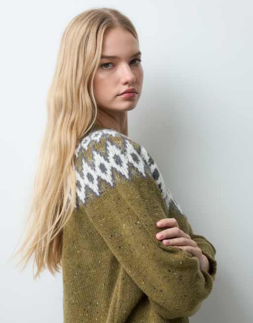 AWARE Strickjacke aus Wollmix mit Rundhalsausschnitt und Norweger-Muster in olivgrün meliert, 4 von 5