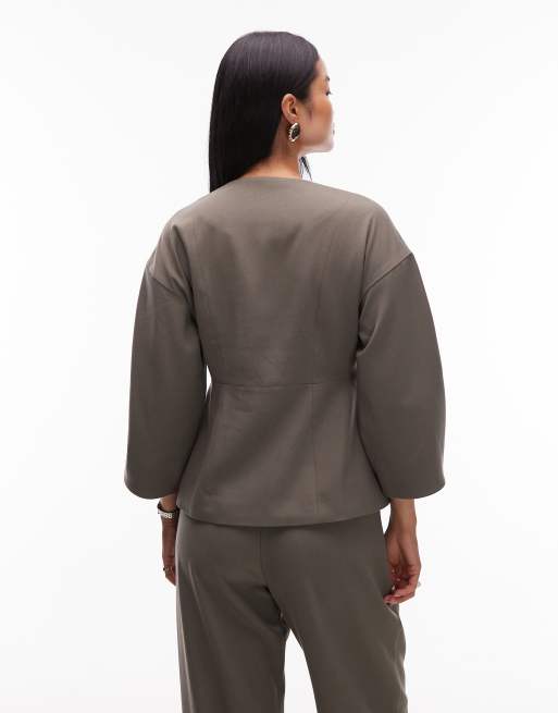 AWARE structured cinched waist tailored blazer co-ord in covert green, 3 of 4