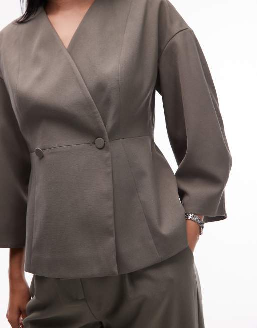 AWARE structured cinched waist tailored blazer co-ord in covert green, 4 of 4