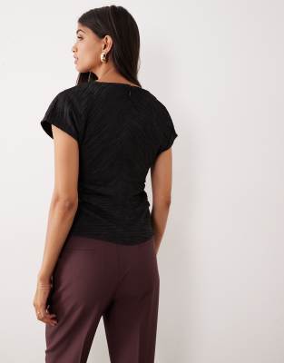 Aware Structured Pleated Boat Neck Top In Black