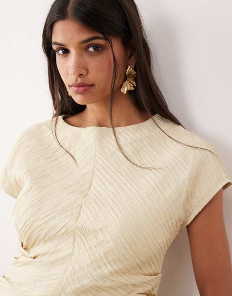 AWARE structured pleated boat neck top in cream - view 1