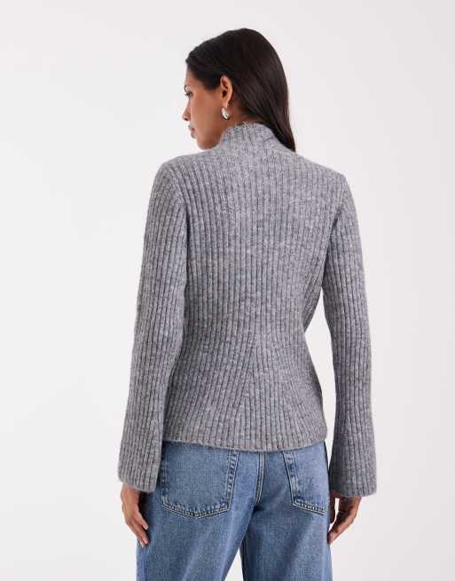 AWARE sweter z golfem i prążkowanymi detalami w średnim melanżu szarym, 4 z 4