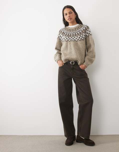 AWARE sweter z mieszanki wełny, okrągły dekolt, wzór Fair Isle, beżowy melanż - view 1