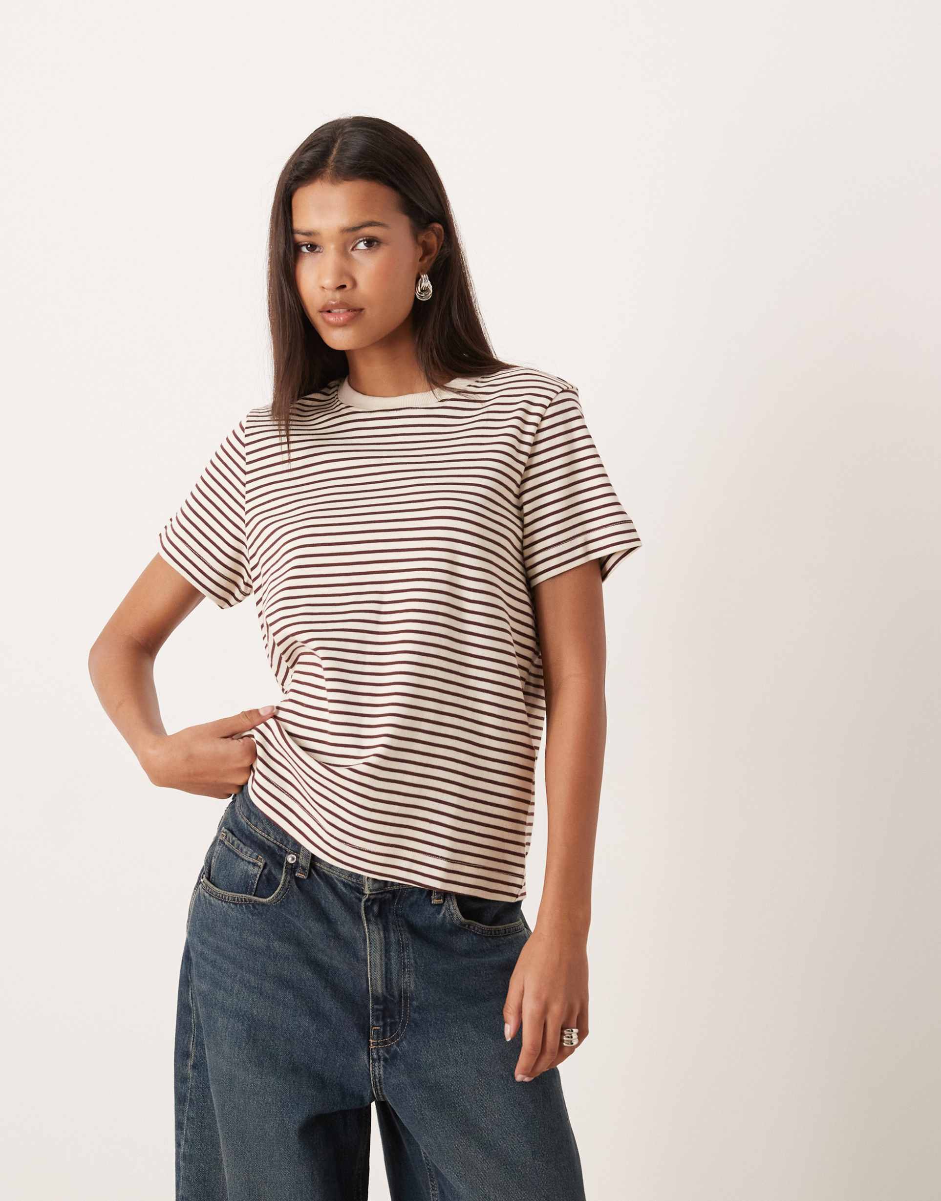 aware t-shirt in cream with chocolate stripe