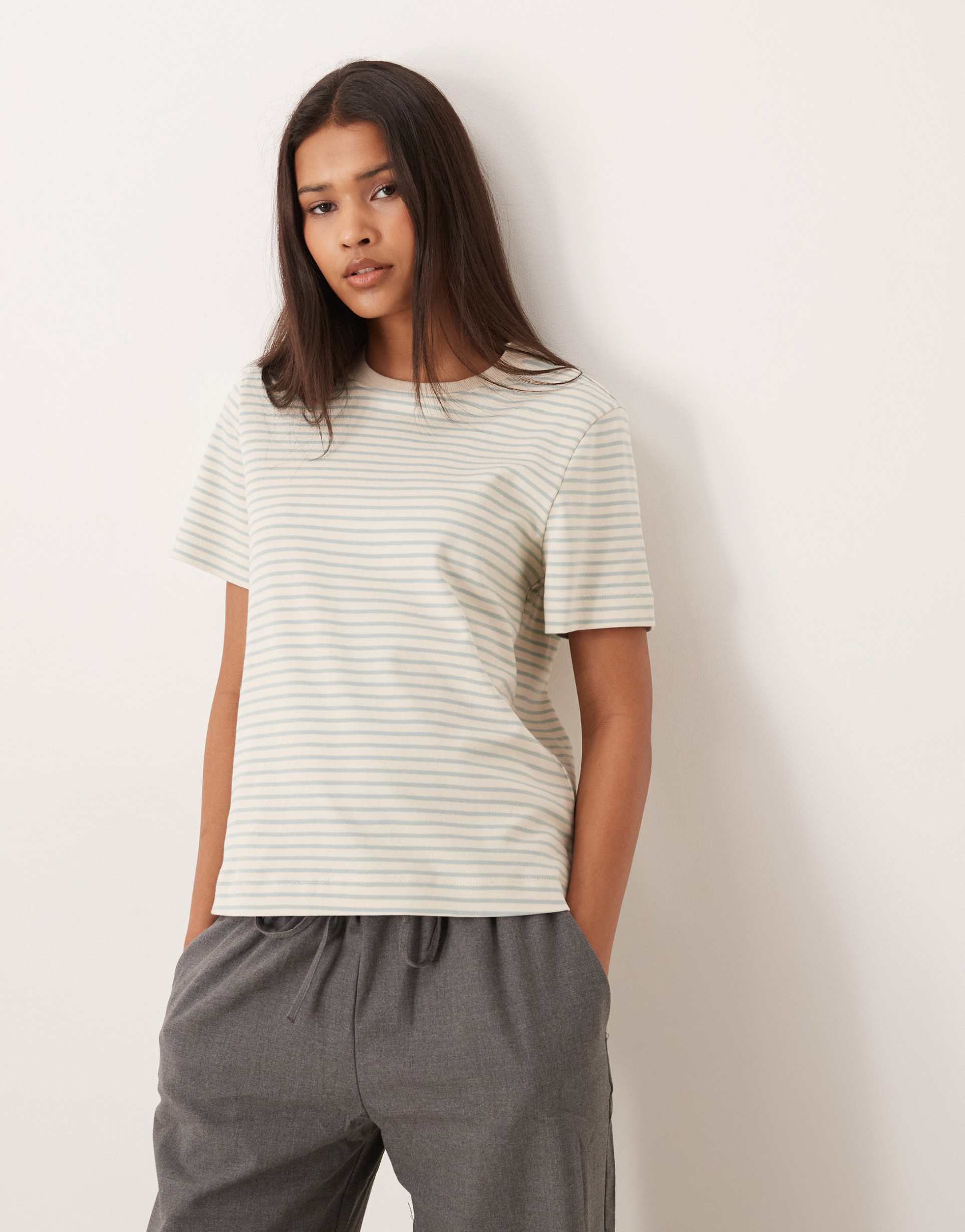 aware t-shirt in cream with teal stripe