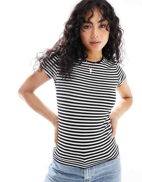 AWARE - T-shirt nera a righe con scollo rotondo a maniche corte - view 1