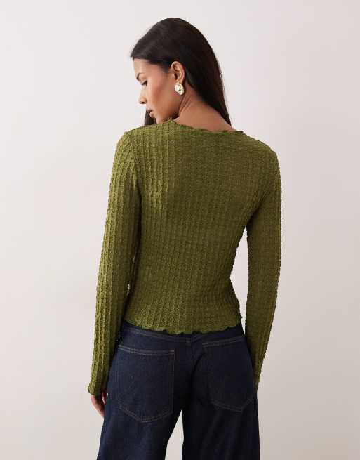 AWARE - T-shirt van jersey met textuur, lange mouwen en geschulpte rand in olijfgroen, 4 van 4