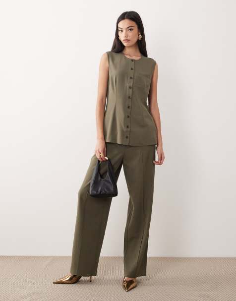 AWARE tailored longline o-neck waistcoat and clean pleat front trouser set in green - view 1