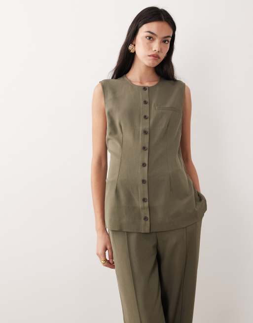 AWARE tailored longline o-neck waistcoat co-ord in green