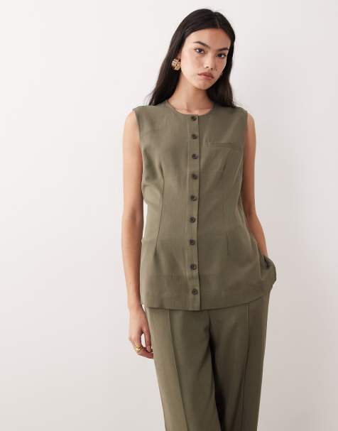 AWARE tailored longline o-neck waistcoat in green (Part of a set) - view 1