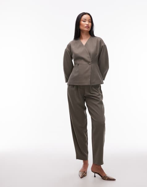 AWARE tailored structured cinched waist blazer and barrel leg trouser set in covert green - view 1