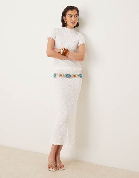 AWARE textured lettuce edge midi skirt co-ord in white