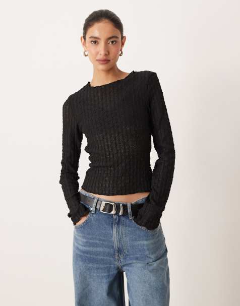 AWARE textured jersey long sleeve t-shirt with lettuce edging in black