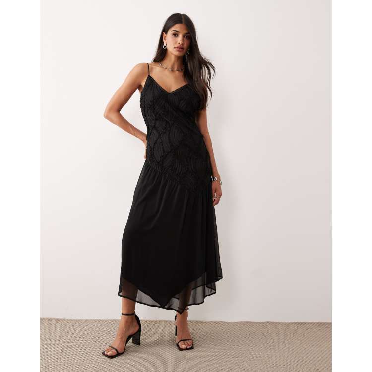 AWARE textured bodice chiffon midi dress in black | ASOS