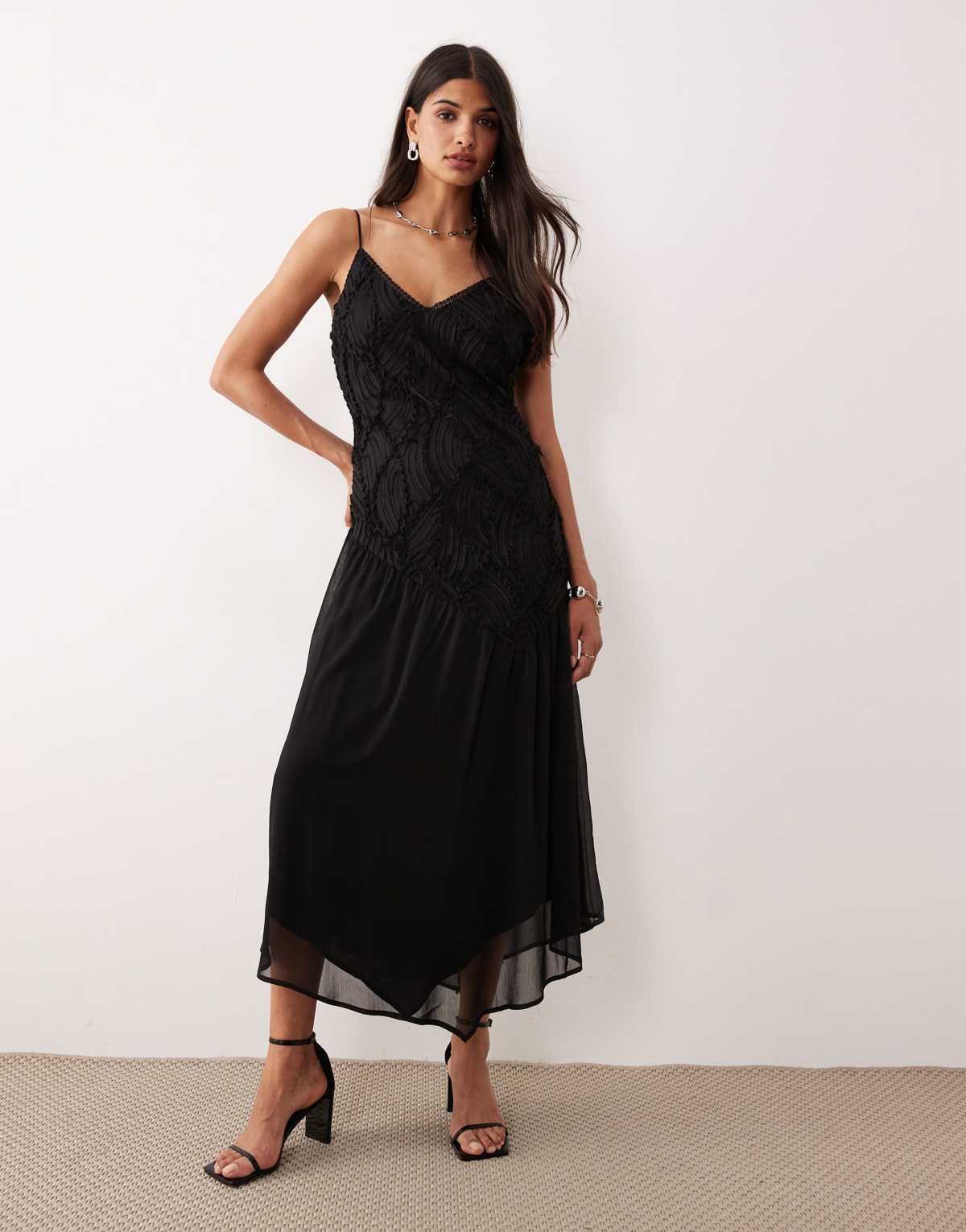AWARE textured bodice chiffon midi dress in black