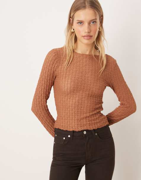 AWARE textured jersey long sleeve t-shirt with lettuce edges in mocha mousse - view 1