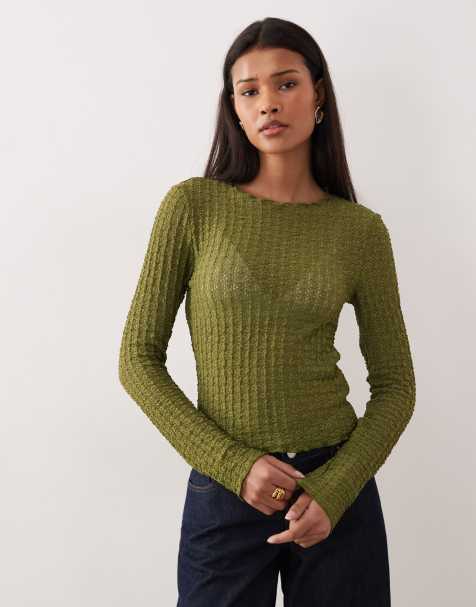 AWARE textured jersey long sleeve t-shirt with lettuce edges in olive branch - view 1