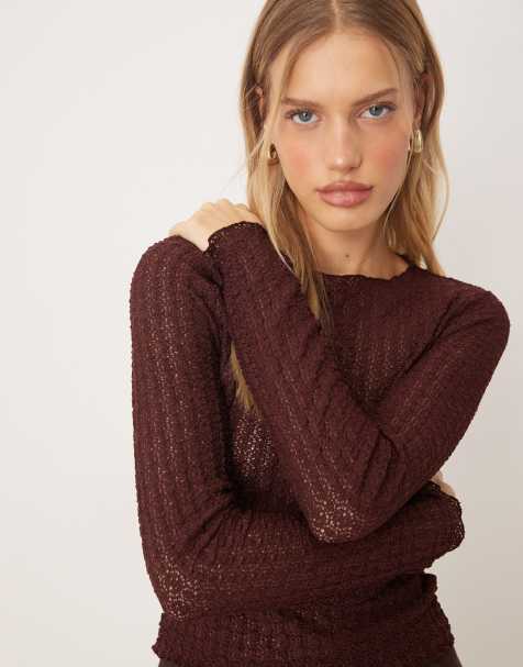 AWARE textured jersey long sleeve t-shirt with lettuce edging in chocolate brown - view 1