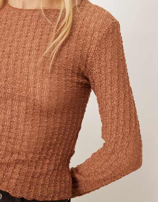 AWARE textured jersey long sleeve t-shirt with lettuce edging in mocha mouse, 3 of 4