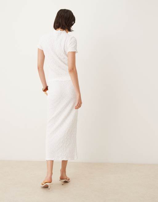 AWARE textured lettuce edge midi skirt co-ord in white, 3 of 5