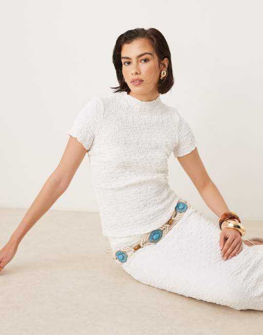 AWARE textured lettuce edge t-shirt and skirt co-ord in white