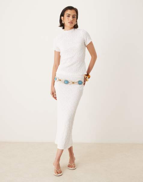 AWARE textured lettuce edge t-shirt and skirt set in white - view 1