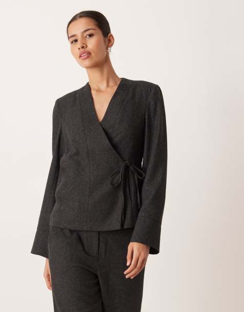 AWARE tie side tailored blazer co-ord in dark grey melange