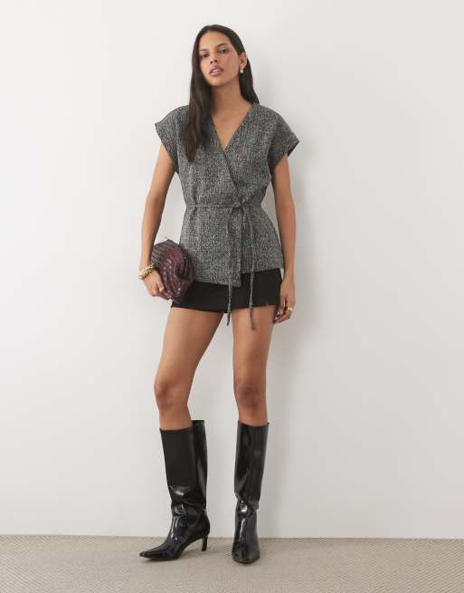 AWARE tie waist structured waistcoat set in black check, 3 of 4