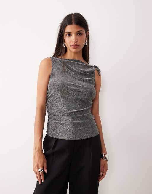 AWARE - Top asymétrique pailleté avec liens aux épaules - Noir et argenté, 4 de 4