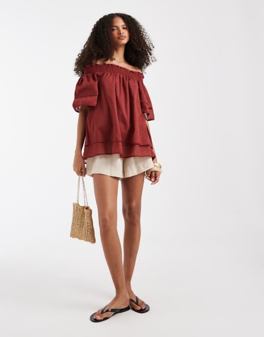 AWARE - Top met blote schouders, ruches en aangerimpeld detail in terracotta, 3 van 4