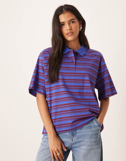 AWARE – Top z kołnierzykiem polo w niebiesko-bordowe paski, 4 z 4