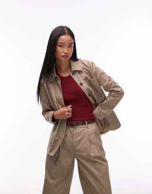 AWARE trucker style tailored jacket co-ord in stone-Neutral