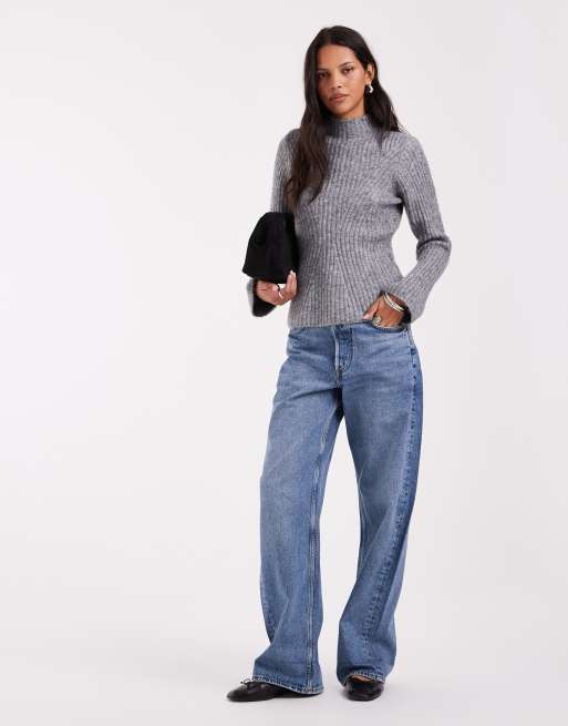 AWARE trui met hoge hals en ribdetails in medium grijs gemêleerd, 2 van 4