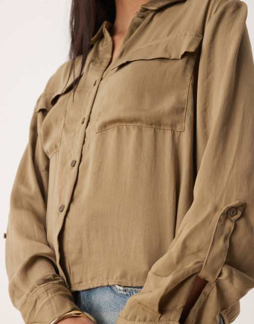 AWARE utility style long sleeve shirt with fold-up cuff detail in covert green, 2 of 4
