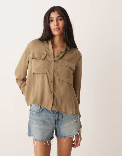 AWARE utility style long sleeve shirt with fold up cuff detailing in covert green - view 1