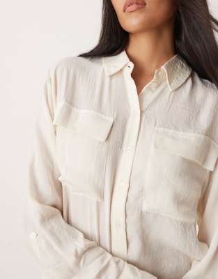Aware Utility Style Long Sleeve Shirt With Fold Up Cuff Details In White