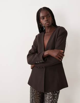 Aware V-neck Single Button Tailored Blazer In Brown