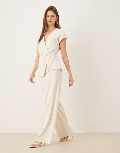 AWARE v-neck tie waist waistcoat and wide leg trouser set in cream - view 1