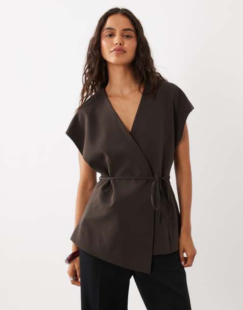AWARE v-neck tie waist waistcoat in chocolate brown - view 1