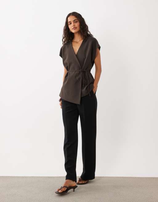 AWARE v-neck tie waist waistcoat in chocolate brown, 2 of 4