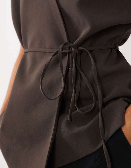 AWARE v-neck tie waist waistcoat in chocolate brown, 3 of 4