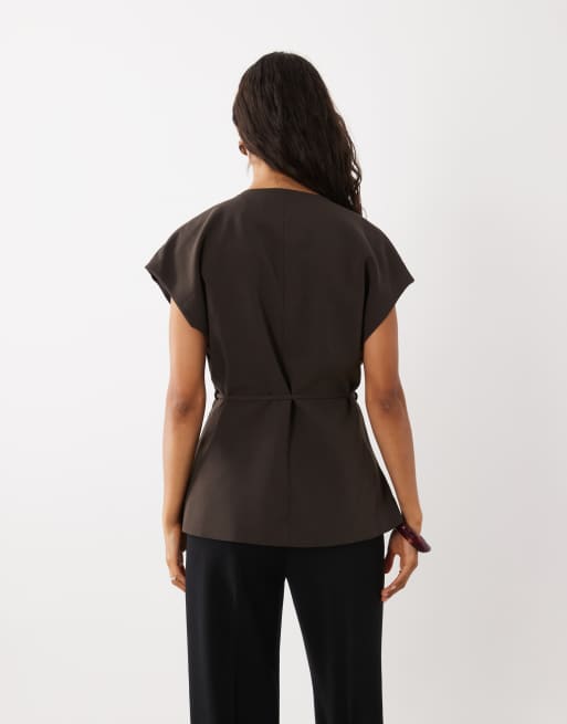 AWARE v-neck tie waist waistcoat in chocolate brown, 4 of 4
