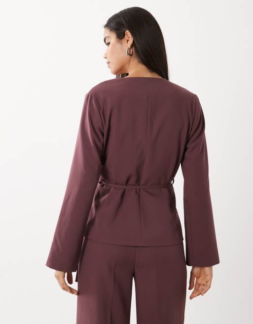 AWARE v-neck wrap detail tailored blazer in burgundy (part of a set), 4 of 4