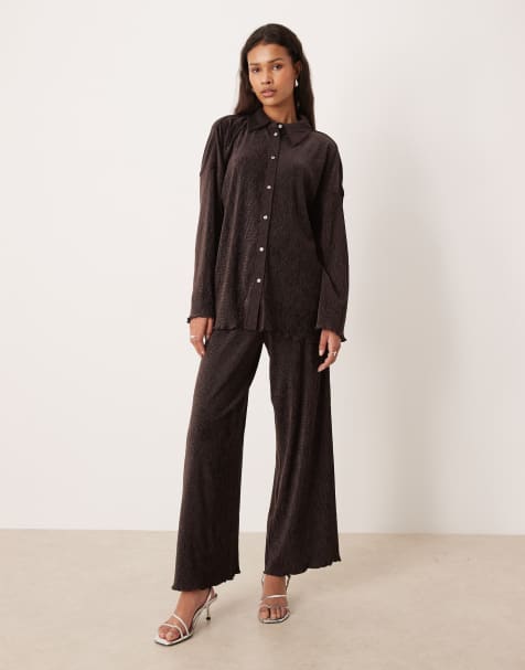 AWARE velvet plisse wide leg trouser co-ord in chocolate - view 1