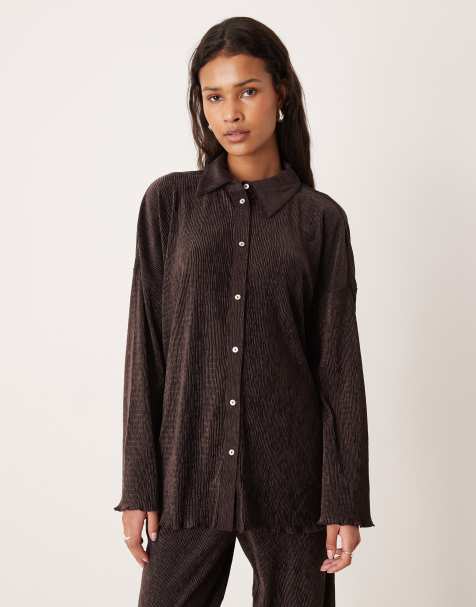 AWARE velvet plisse wide sleeve shirt co-ord in chocolate - view 1