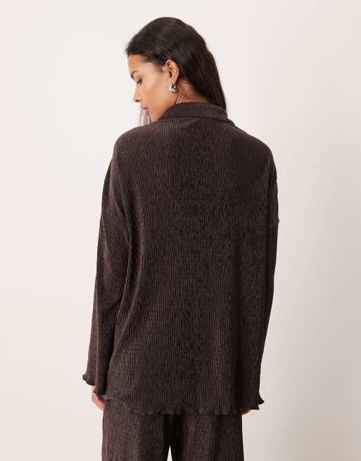AWARE velvet plisse wide sleeve shirt in chocolate - part of a set, 2 of 4