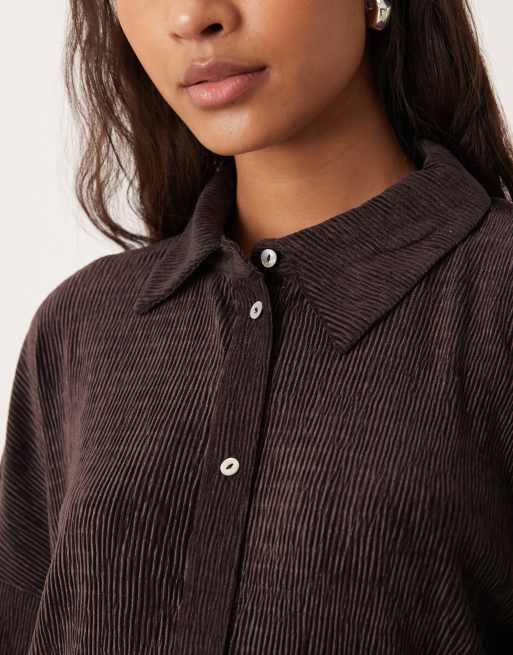 AWARE velvet plisse wide sleeve shirt in chocolate - part of a set, 4 of 4