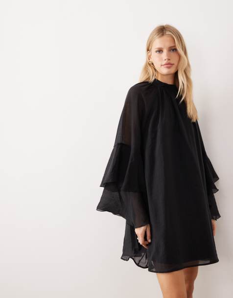 AWARE - Vestito corto accollato nero con maniche svasate - view 1